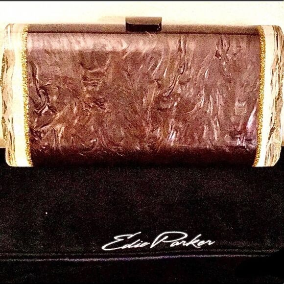 Edie Parker NWT Lara Backlit Acrylic Brown and Gold Clutch New With Tags